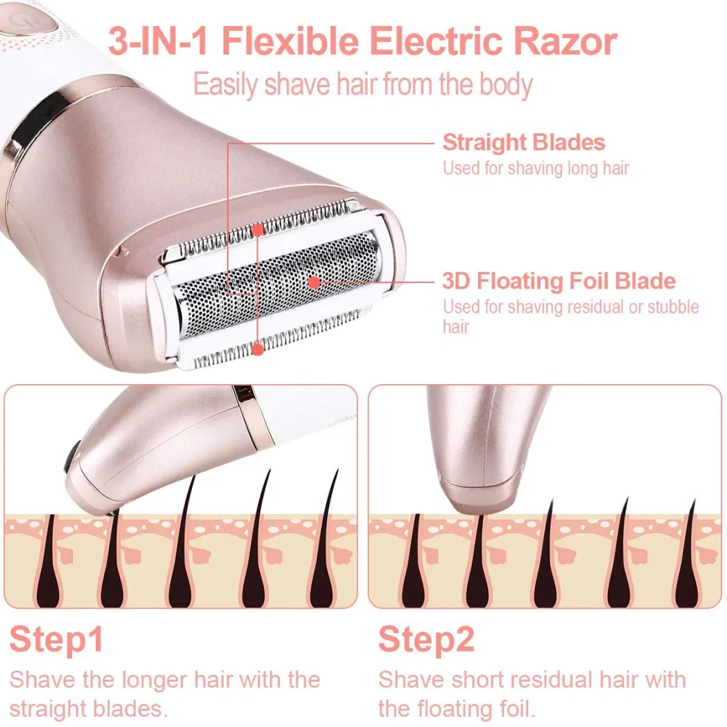 Electric Razor for Women Tencoz Hair Removal for Women 2 in 1 Wet & Dry Painless Rechargeable for Legs Underarms and Bikini Pop-up Trimmer 2 Changeable Trimmer